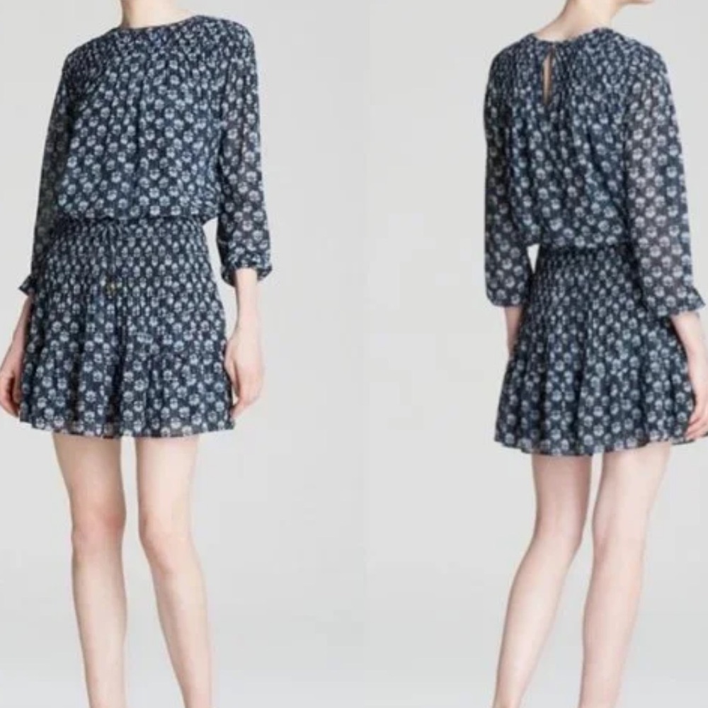 Michael Kors Floral Print Long-Sleeve Mini Dress Size XS Blue Drawstring Pleated
